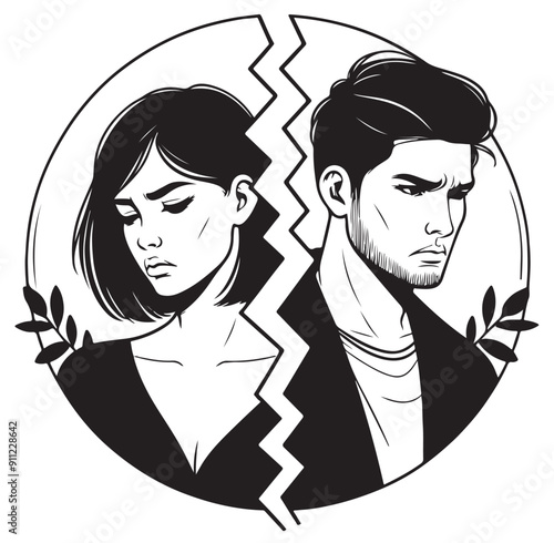 Unhappy young couple. Family conflict. Break up relationship. Line drawing
