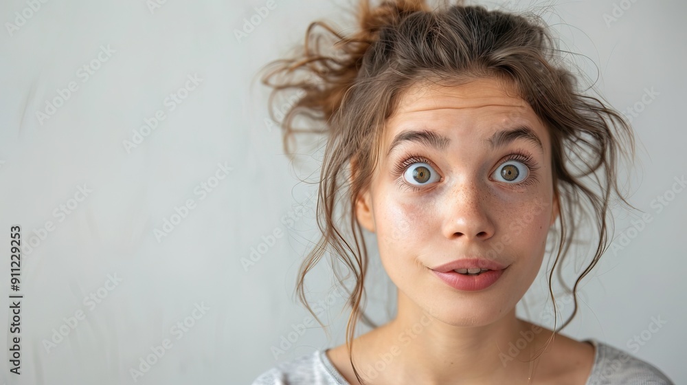 White woman with amusing facial expression, eye look up, isolated background White woman with amusing facial expression, eye look up, isolated background