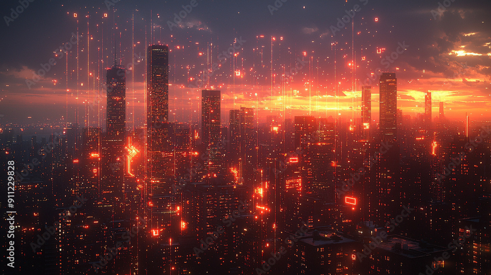 Urban skyline illuminated by a digital overlay, vibrant red and orange hues at sunset, depicting a fusion of technology and city life in a futuristic setting. Urban skyline illuminated by a digital overlay, vibrant red and orange hues at sunset, depicting a fusion of technology and city life in a futuristic setting.