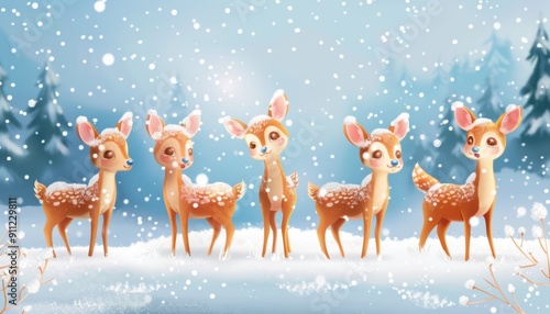 Delightful Cartoon Deer Playfully Frolicking in a Snowy Landscape During Winter