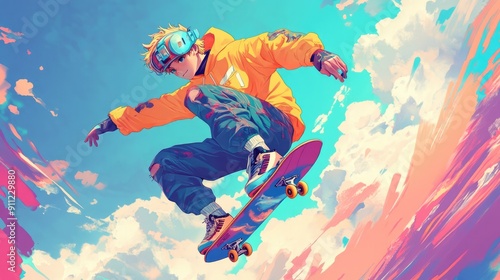 Cool anime skater boy with a stylish outfit in a vibrant illustration