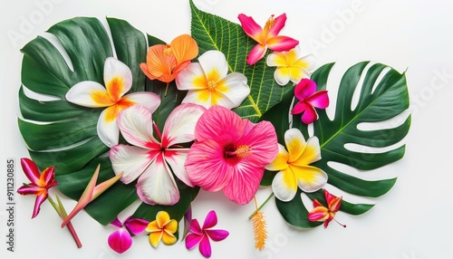 A Colorful Arrangement of Tropical Flowers and Leaves on a White Background