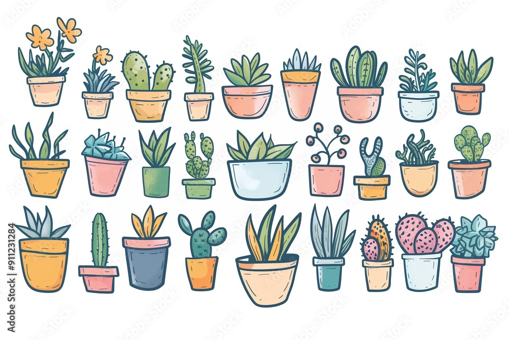 A colorful collection of various potted plants in multiple styles and sizes A colorful collection of various potted plants in multiple styles and sizes