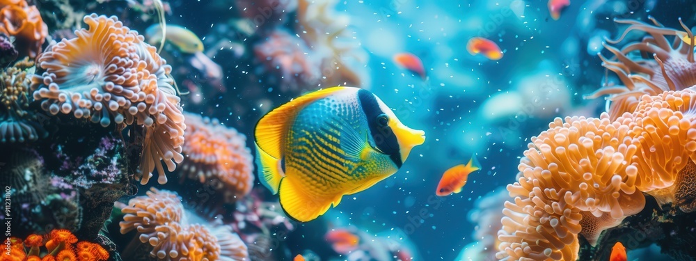 Vibrant Yellow and Blue Fish Among Orange Coral in a Clear Blue Aquarium Vibrant Yellow and Blue Fish Among Orange Coral in a Clear Blue Aquarium