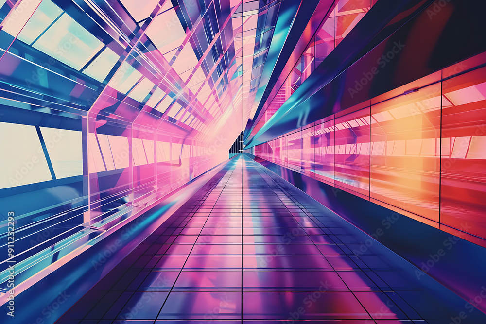 A futuristic hallway with pink and blue neon lights, evoking a sense of mystery and anticipation, perfect for sci-fi or technology concepts. 
