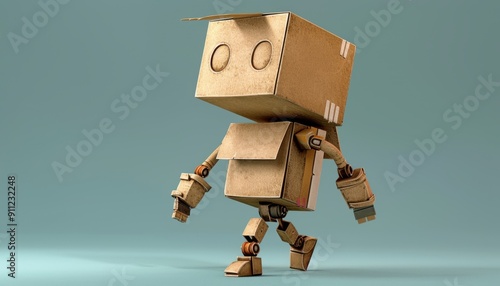 Cute Cardboard Robot Toy Walking on a Solid Surface in a Light Blue Setting