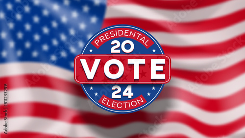 2024 presidential election promo banner. USA presidential election 2024 banner with blurred waving american flag, vote symbol. Vote day, November 5. Vector illustration for US Election 2024 campaign.