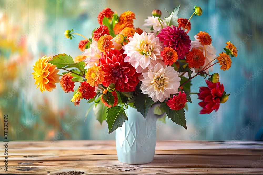 Autumn still life with garden flowers. Beautiful autumnal bouquet in vase on wooden table. Colorful dahlia and chrysanthemum. Autumn still life with garden flowers. Beautiful autumnal bouquet in vase on wooden table. Colorful dahlia and chrysanthemum.