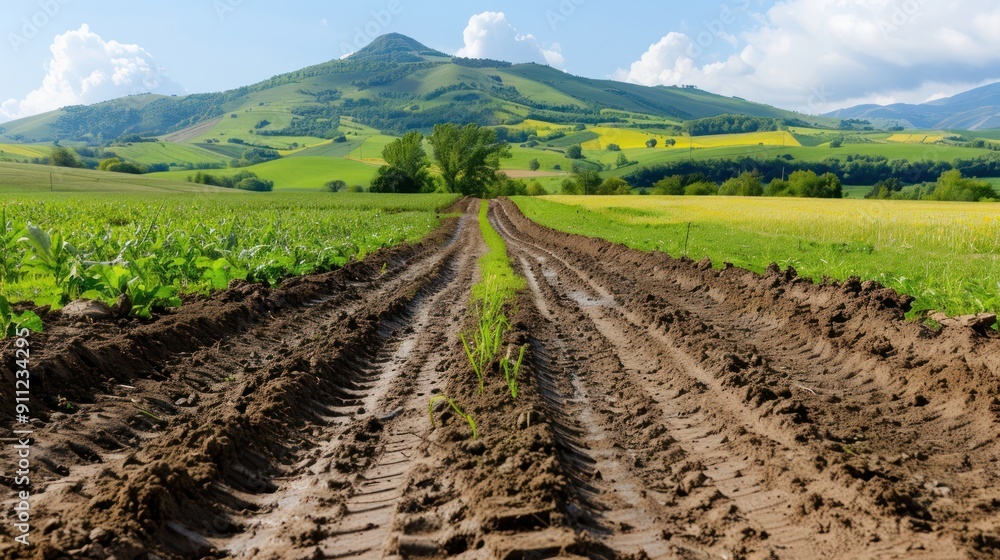 A hillside farm with visible signs of soil erosion, such as deep ruts A hillside farm with visible signs of soil erosion, such as deep ruts
