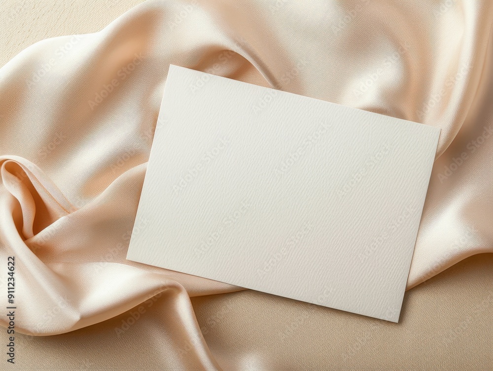 Blank white card on beige satin fabric, perfect for wedding invitations, anniversaries, or elegant branding presentations. Blank white card on beige satin fabric, perfect for wedding invitations, anniversaries, or elegant branding presentations.