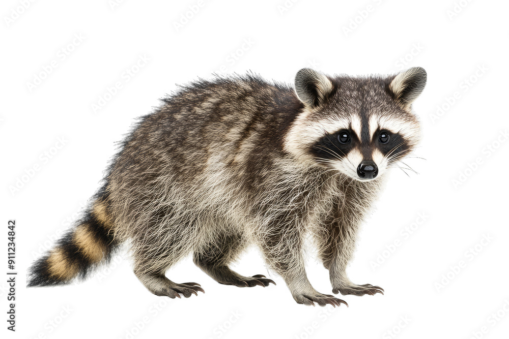 A cute raccoon standing on its hind legs, showcasing its striped tail and distinctive facial markings in a natural setting. A cute raccoon standing on its hind legs, showcasing its striped tail and distinctive facial markings in a natural setting.