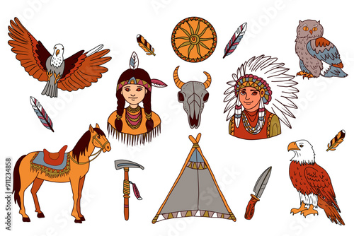 Hand drawn vector doodle set with native american indians, tambourine, wigwam, tomahawk and North America fauna.