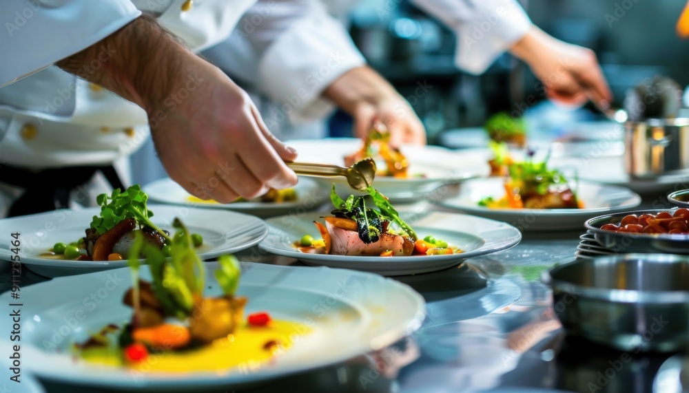 Chefs Skillfully Plating Gourmet Dishes in Busy Restaurant Kitchen During Evening Hours Chefs Skillfully Plating Gourmet Dishes in Busy Restaurant Kitchen During Evening Hours