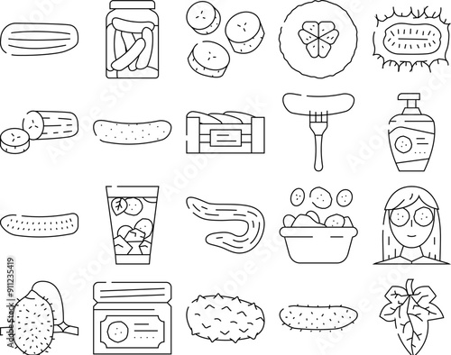cucumber slice vegetable green icons set vector. white fresh salad, cut plant, food chopped, pickle piece, healthy harvest top cucumber slice vegetable green black contour illustrations