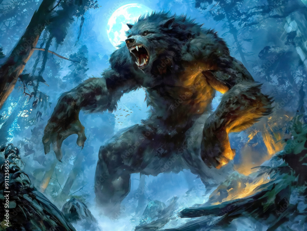 A large, scary monster with glowing eyes and sharp teeth is running through a forest. Scene is dark and ominous, as the monster appears to be on a rampage A large, scary monster with glowing eyes and sharp teeth is running through a forest. Scene is dark and ominous, as the monster appears to be on a rampage