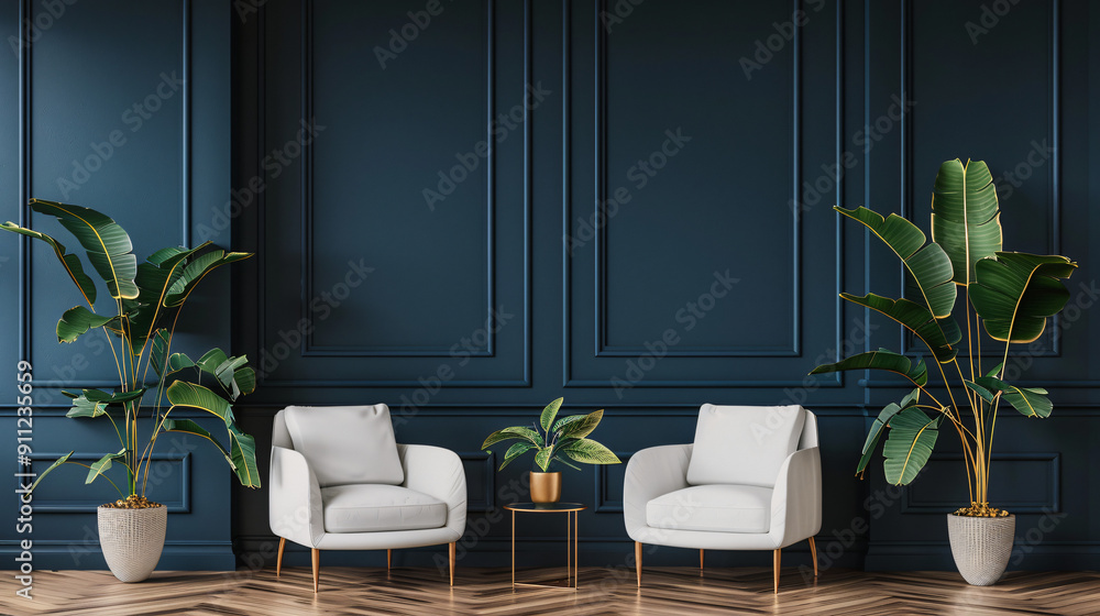 Luxurious living room with two white armchairs facing each other, separated by a small table with a plant on it, against a classic blue wall Luxurious living room with two white armchairs facing each other, separated by a small table with a plant on it, against a classic blue wall
