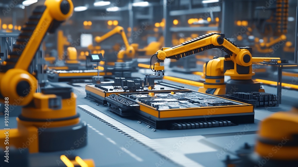 In this futuristic world, a highly advanced robotic workforce operates seamlessly within a state-of-the-art manufacturing facility. Robots of various shapes and sizes perform intricate tasks with In this futuristic world, a highly advanced robotic workforce operates seamlessly within a state-of-the-art manufacturing facility. Robots of various shapes and sizes perform intricate tasks with
