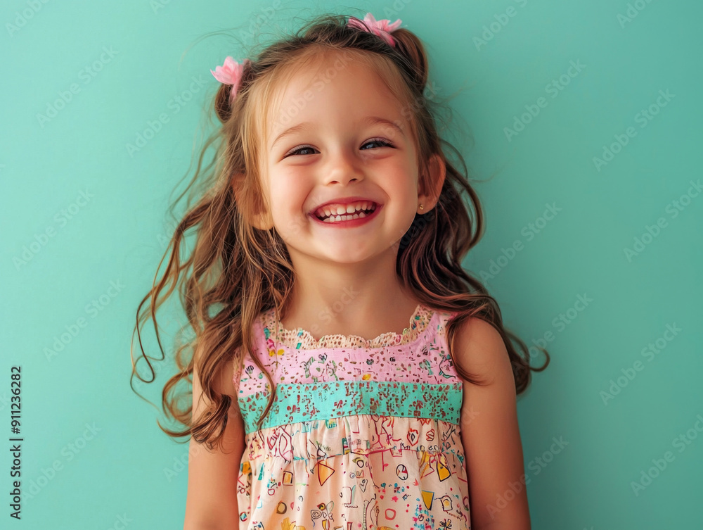 A young girl is smiling and wearing a pink and green dress A young girl is smiling and wearing a pink and green dress