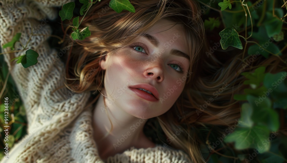 Young Woman Relaxing Among Green Ivy Leaves During a Sunny Afternoon in Nature Young Woman Relaxing Among Green Ivy Leaves During a Sunny Afternoon in Nature