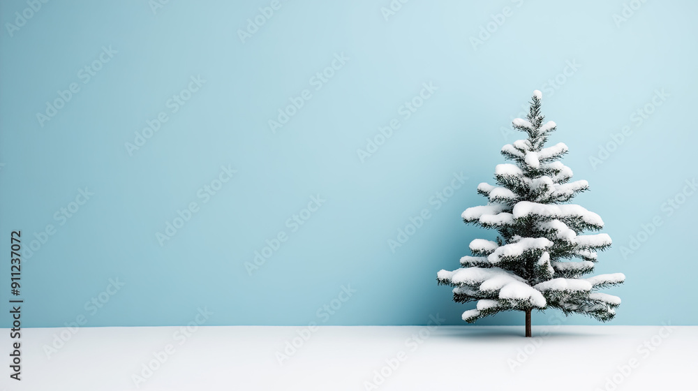 A beautiful snow-covered Christmas tree stands against a soft blue background, evoking winter and holiday spirit. A beautiful snow-covered Christmas tree stands against a soft blue background, evoking winter and holiday spirit.