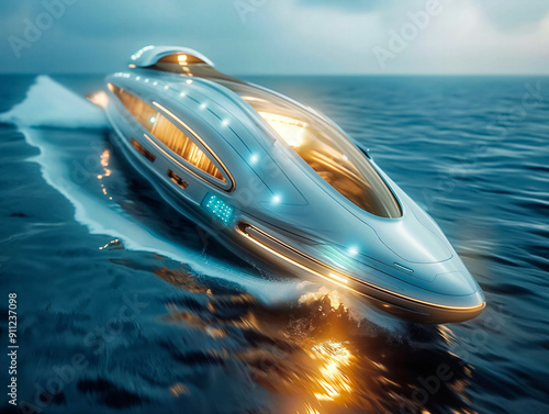 A futuristic boat is sailing on the ocean with a bright light shining on it. The boat is designed to look like a spaceship and is surrounded by a glowing blue light. Scene is futuristic and exciting photo