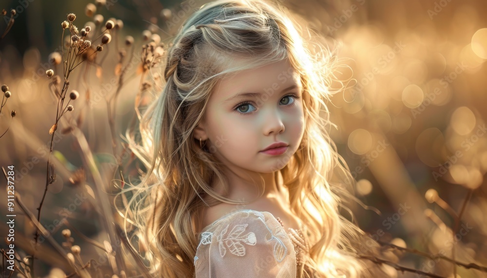 Young Girl With Long Hair in a Flowery Field During Golden Hour Sunshine Young Girl With Long Hair in a Flowery Field During Golden Hour Sunshine