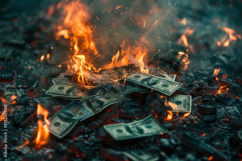 Dramatic scene of hundred dollar bills burning in intense flames, symbolizing financial loss and destruction, burnings dollars highlighting the volatility of money and economic crises Dramatic scene of hundred dollar bills burning in intense flames, symbolizing financial loss and destruction, burnings dollars highlighting the volatility of money and economic crises