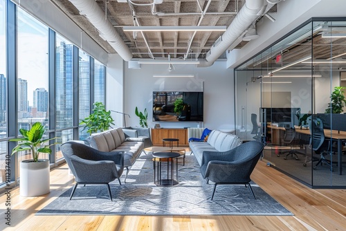 A large open office space with a lot of seating and a large flat screen TV