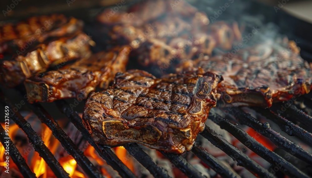 Juicy Grilled Steaks Sizzling Over Hot Charcoal in Outdoor Barbecue Setting Juicy Grilled Steaks Sizzling Over Hot Charcoal in Outdoor Barbecue Setting