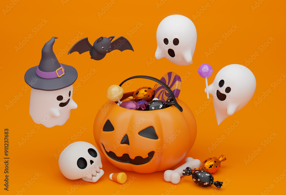 halloween jack o lantern candy basket with ghost character 3D graphic halloween jack o lantern candy basket with ghost character 3D graphic