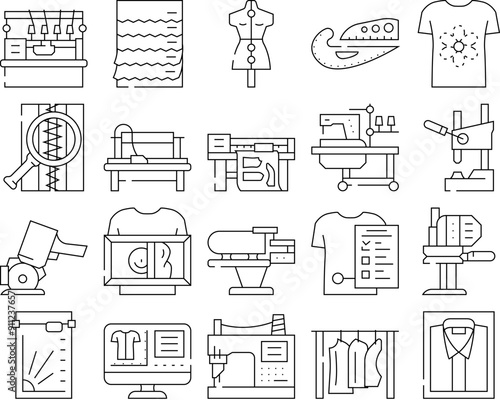 factory sewing sew machine icons set vector. tailor fabricthread, textile fashion, needle industry, needlework, woman seamstress factory sewing sew machine black contour illustrations