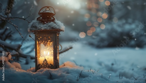 Warm Glowing Lantern Illuminates Snowy Landscape During Winter Evening