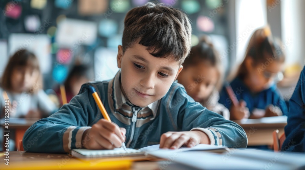 Happy schoolboy writing test during class in the classroom. with other students behind her, writing in a notebook and holding pencils. Happy schoolboy writing test during class in the classroom. with other students behind her, writing in a notebook and holding pencils.