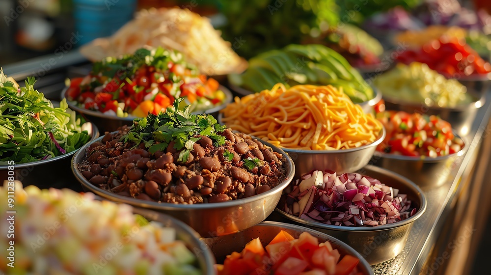 Fototapeta premium Colorful assortment of fresh ingredients in bowls including vegetables, beans, and noodles, ideal for healthy meal preparation.