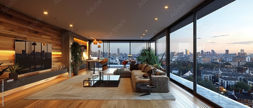 A large living room with a view of the city A large living room with a view of the city