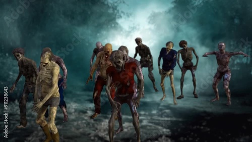 a crowd of walking zombies in the forest