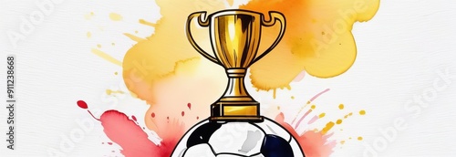 Soccer ball and golden cup. World championship cup, football match. Achieve and competition victory. Sport bet. Watercolor illustration for design banner, poster, card with copy space photo