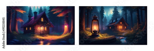 Waldhütte im Wald mit Lampe Abbildung