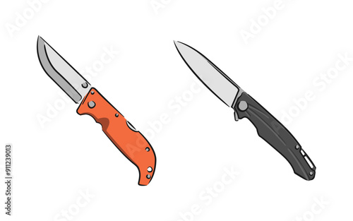 Folding knife with black and orange handle for army and hunting, cartoon style illustration isolated on white background. Vector