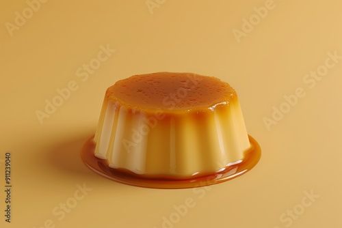 Classic Crème Caramel: A minimalist portrait of a smooth, creamy flan bathed in rich caramel sauce, set against a warm, inviting backdrop.  photo