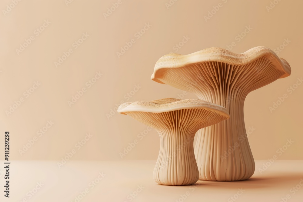 Minimalist Mushroom Duo: Two delicate mushrooms, rendered in a muted palette, stand out against a soft beige backdrop, beauty of nature, copy space for text Minimalist Mushroom Duo: Two delicate mushrooms, rendered in a muted palette, stand out against a soft beige backdrop, beauty of nature, copy space for text