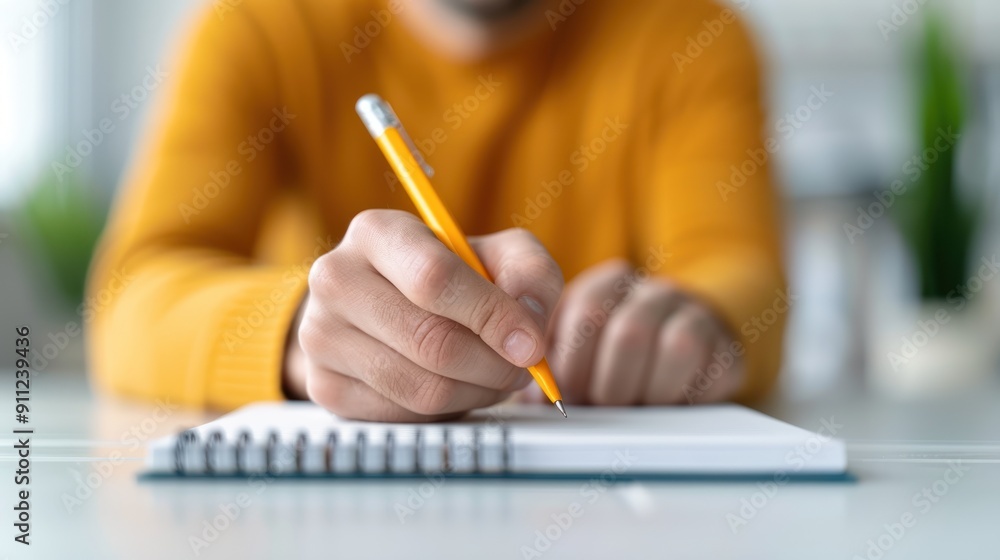 A man with a notebook, jotting down notes while taking an online certification exam