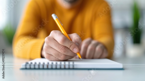 Obraz na płótnie A man with a notebook, jotting down notes while taking an online certification exam w salonie