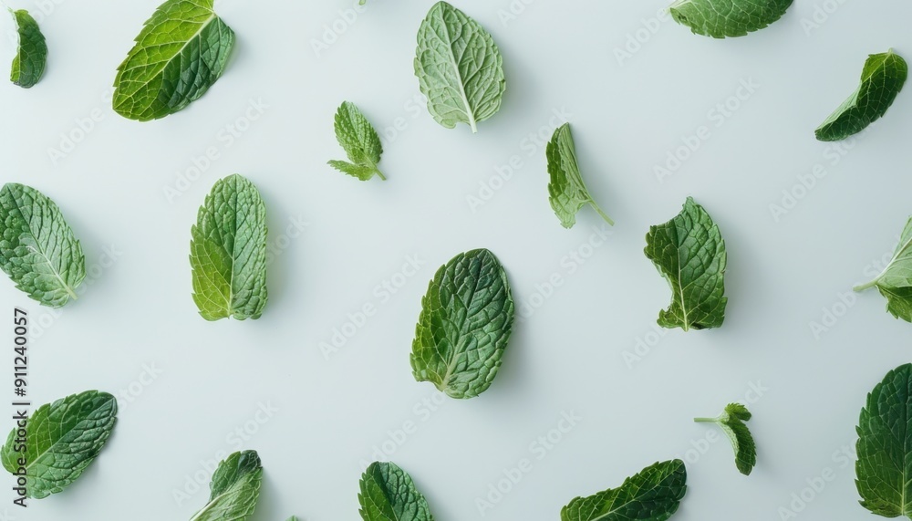 Fresh Mint Leaves Arranged Artfully on a Light Background for Culinary Use Fresh Mint Leaves Arranged Artfully on a Light Background for Culinary Use