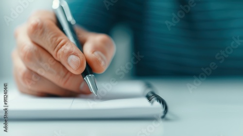 A man with a pen and notebook, preparing to send a follow-up email after an interview