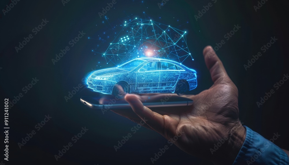 Hand Holding Smartphone Displaying Holographic Car Concept In Dark Environment Hand Holding Smartphone Displaying Holographic Car Concept In Dark Environment