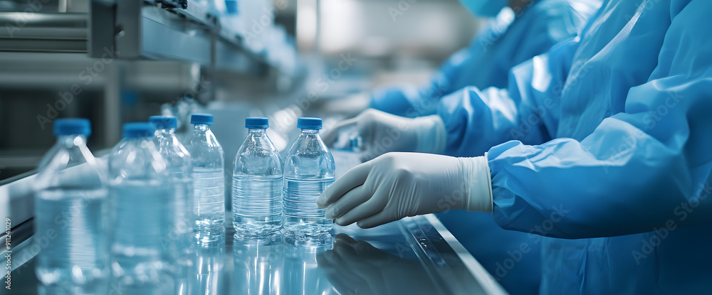Workers in the Laboratory Wearing Blue Protective Suits Workers in the Laboratory Wearing Blue Protective Suits