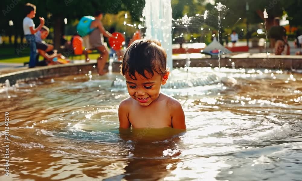 A child cooling off at a public fountain in a park during a heatwave, playing in the water with a joyful expression, illustrating a way to cope with extreme heat A child cooling off at a public fountain in a park during a heatwave, playing in the water with a joyful expression, illustrating a way to cope with extreme heat