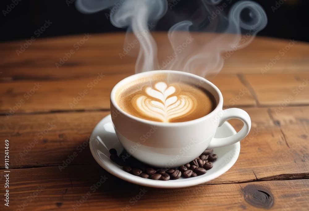 Fresh coffee steams on wooden table close up, ai Fresh coffee steams on wooden table close up, ai