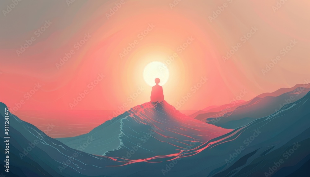Vibrant Sunset Over Mountain Landscape With Silhouette on Summit Vibrant Sunset Over Mountain Landscape With Silhouette on Summit